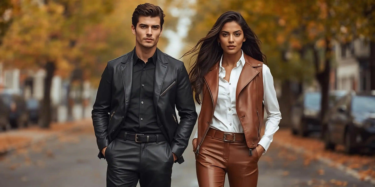 Luxury leather outfits for men and women — black leather suit and brown leather vest with pants — stylish fall fashion collection for modern couples, premium autumn streetwear style.