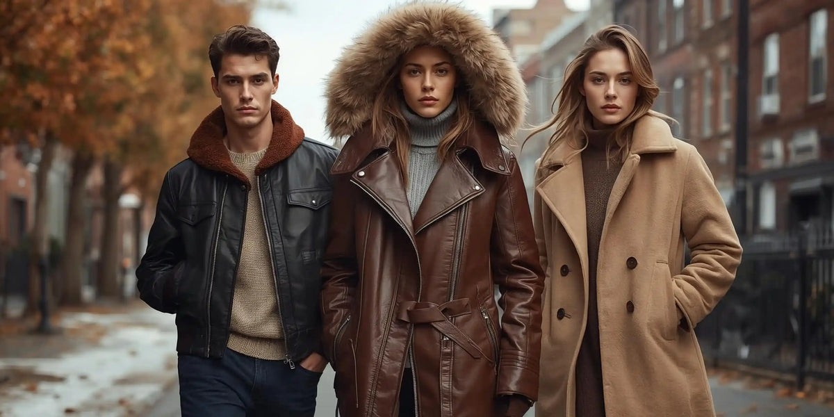 Trendy winter fashion collection featuring men and women in stylish leather and wool coats — black leather jacket, brown fur-hooded leather coat, and beige wool overcoat — premium outerwear for cold weather style.