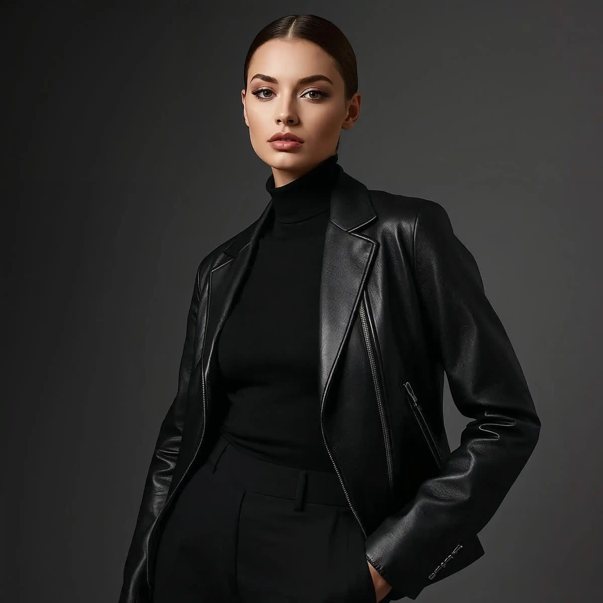 Woman wearing a black fashion leather jacket over a black outfit on a dark background