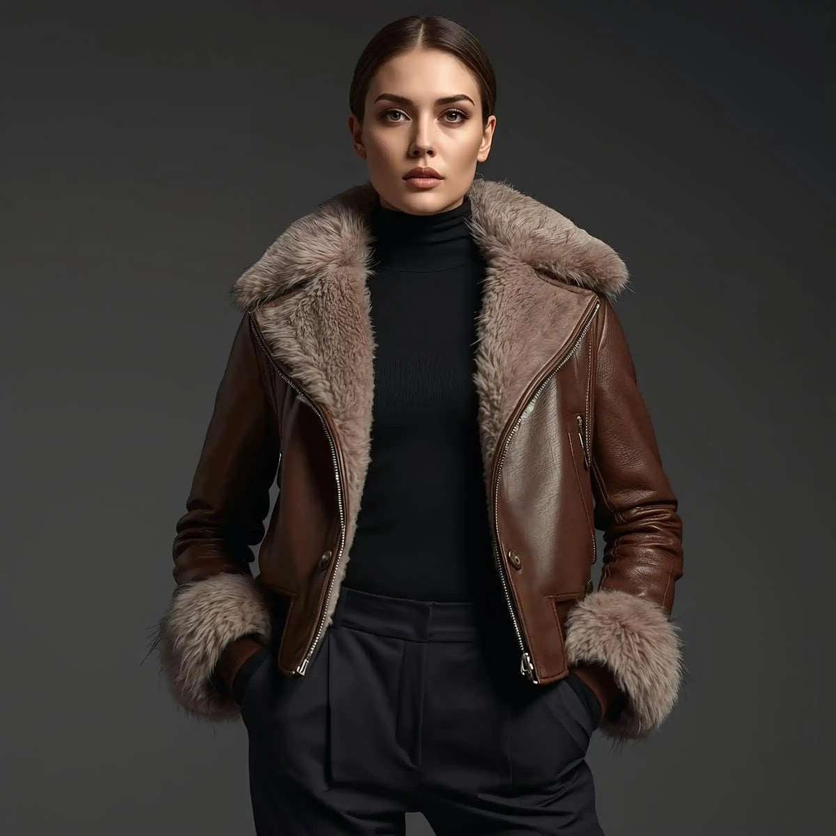 Woman wearing a brown leather jacket with fur collar on a dark background