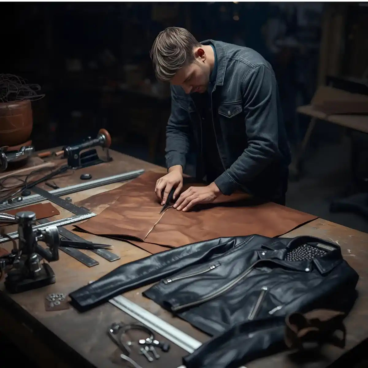 Person working on leather at a table with tools and a black leather jacket.