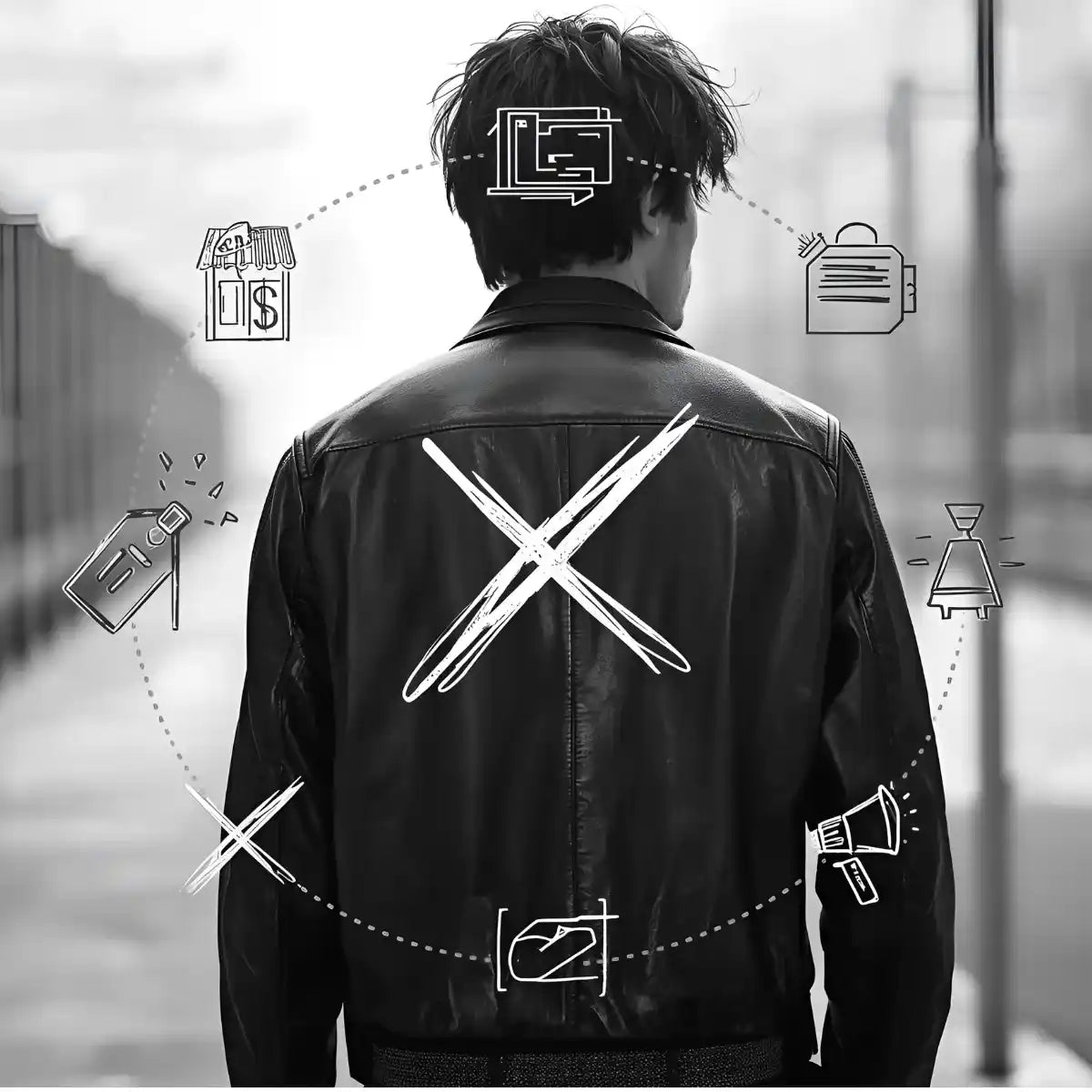 Person wearing a black leather jacket with white designs, standing in an urban setting.