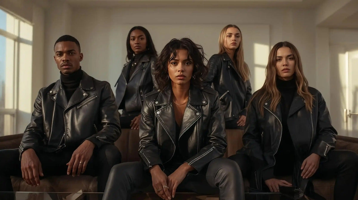 Five people wearing leather jackets in a room with large windows.
