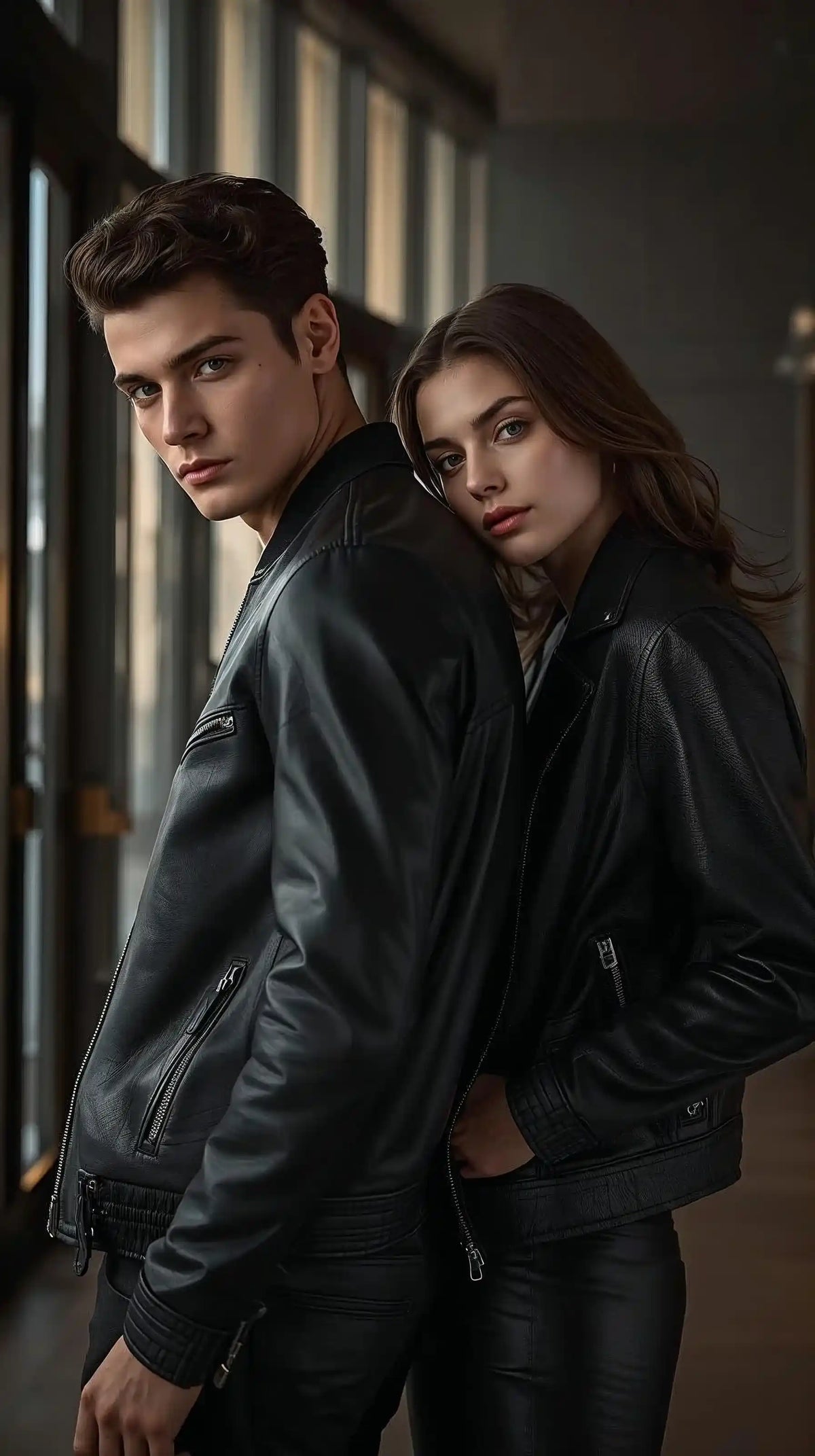 Two people wearing dark leather jackets in a dimly lit room.