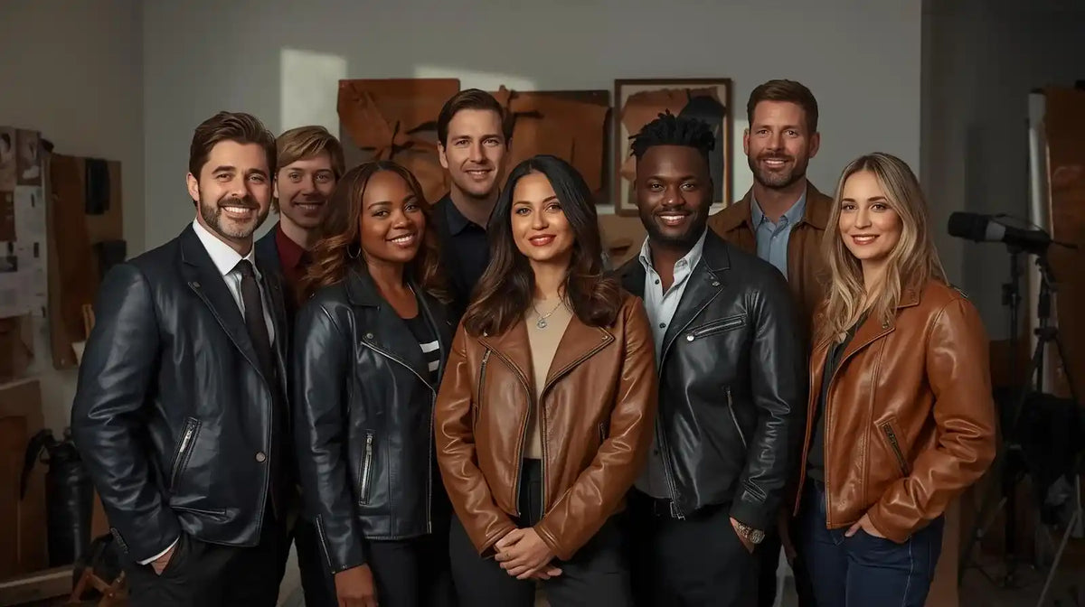 Group of people wearing leather jackets in an indoor setting