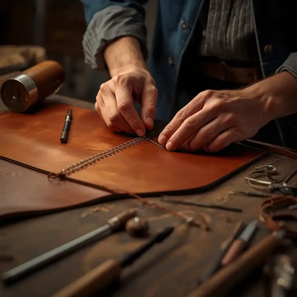 Person working on a leather project with tools on a wooden table